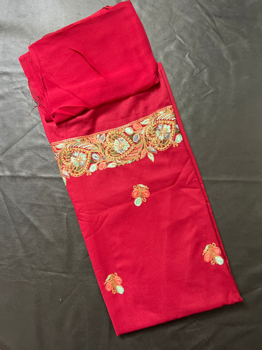 Kashmiri Botti Aari 3 Piece Unstitched Suit | Red
